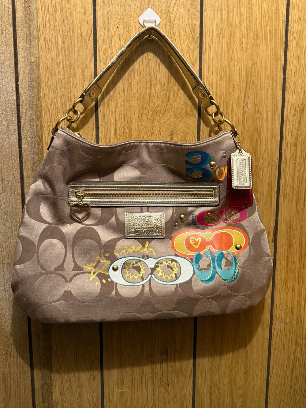 Coach Taupe Signature Canvas Hobo with Colorful Graphic Accents